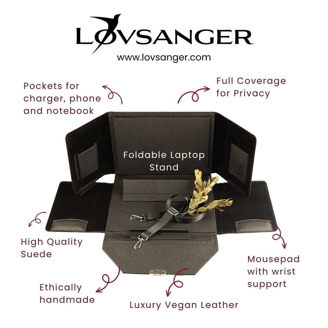 Multifunctional black laptop bag with foldable laptop stand, mousepad with wrist support, pockets for charger, phone and notebook, and full coverage for privacy, ethically made out of luxury vegan leather and high quality suede.