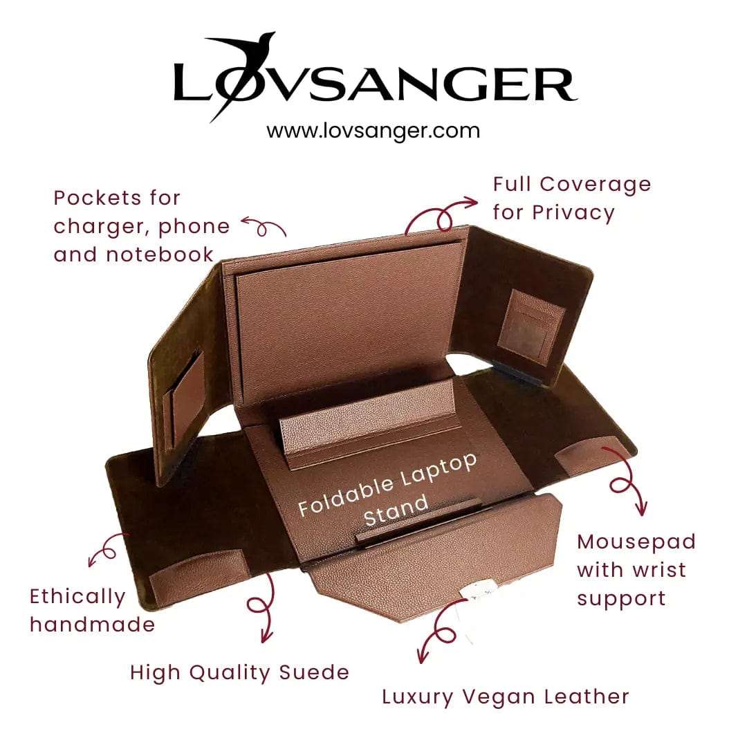 Multifunctional brown laptop workstation bag with foldable laptop stand, mousepad with wrist support, pockets for charger, phone and notebook, and full coverage for privacy, ethically made out of luxury vegan leather and high quality suede.