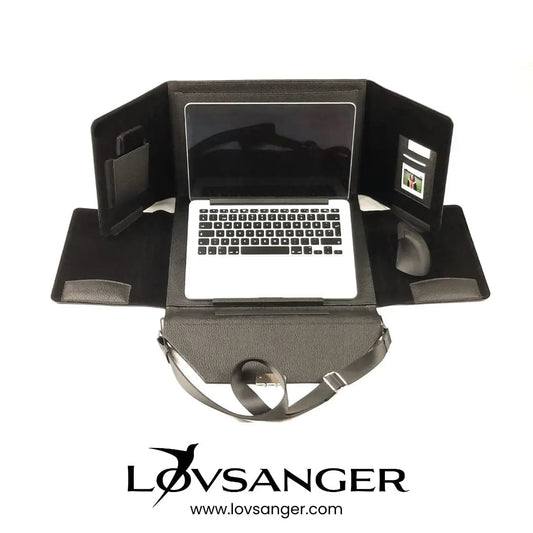Sustainable luxury laptop bag for travelers and freelancers opened up