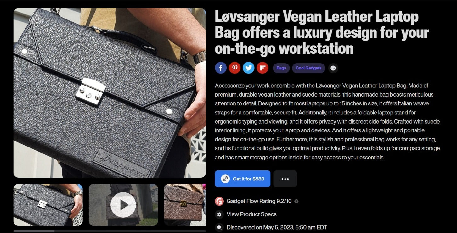 Løvsanger Vegan Leather Laptop Bag offers a luxury design for your on-the-go workstation as featured in Gadget Flow